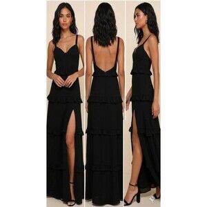 Lulus Sincerely Poised Black Backless Bustier Tiered Maxi Dress Size Medium New